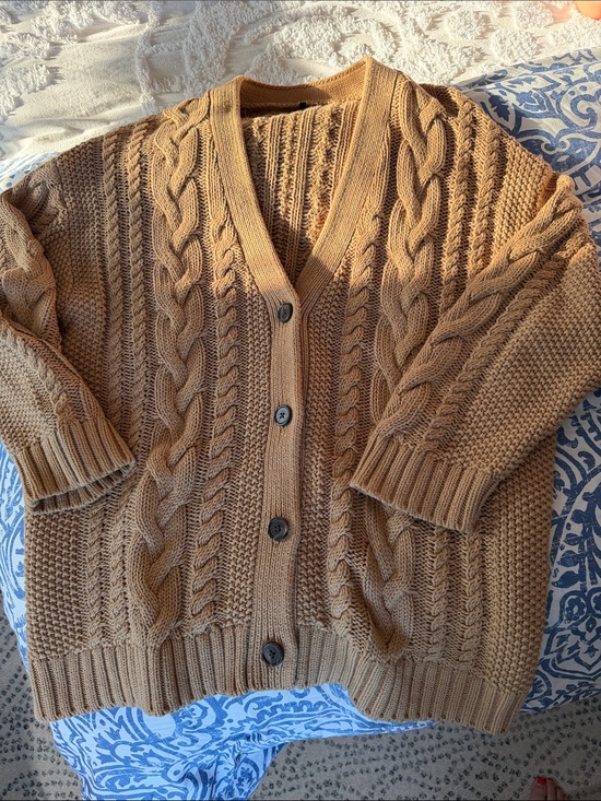 Quince Sweaters - Quince Open-Weave Cable Knit Cardigan in Camel